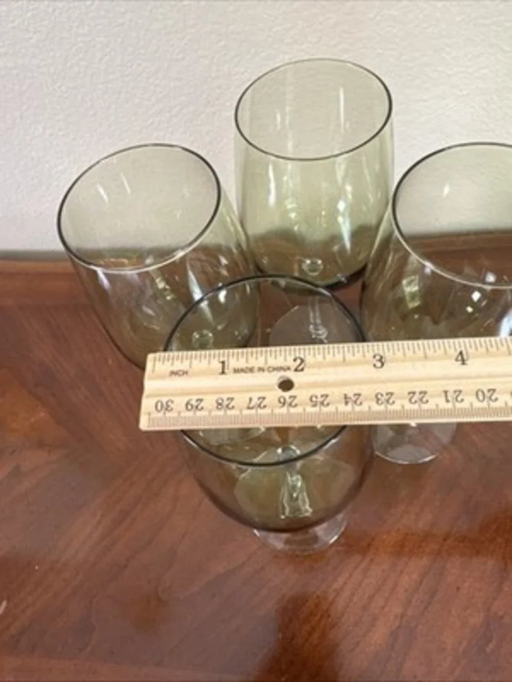Pier 1 Hand Blown Pantiago Olive Green Avocado MCM Crystal Wine Glasses Set Of 4